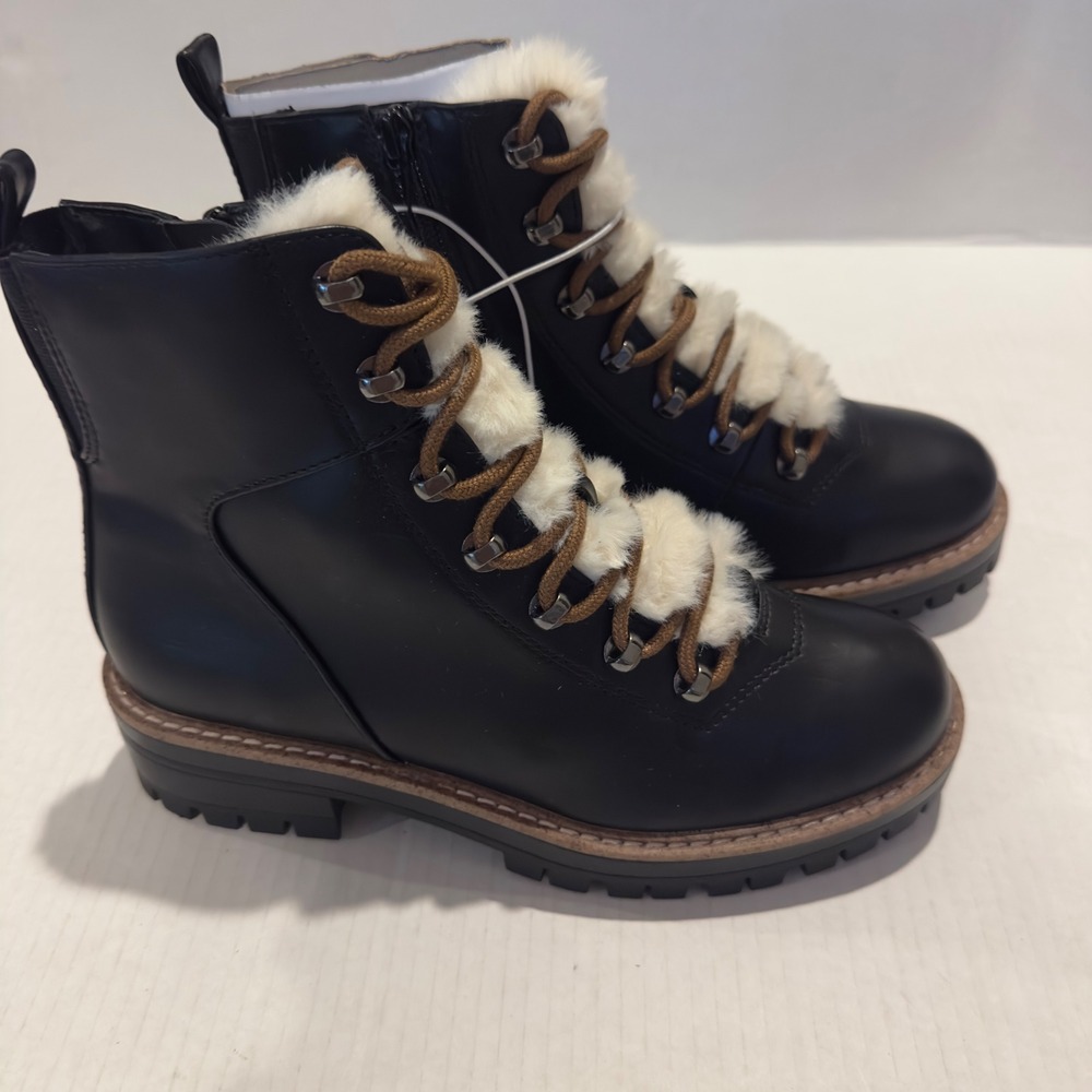 A New Day Leighton Black Faux Fur Hiking Boots Women 7 Side Zip Lug Sole NEW